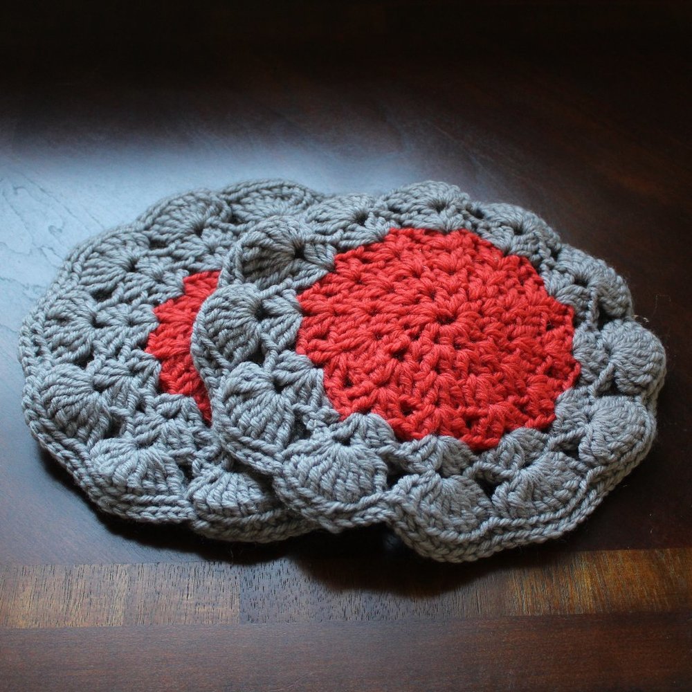 2 pc Handmade Knitted Trivet - Gray / Orange - NEW
